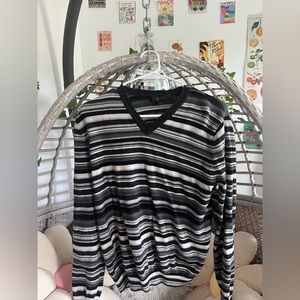 long striped black white and grey sweater